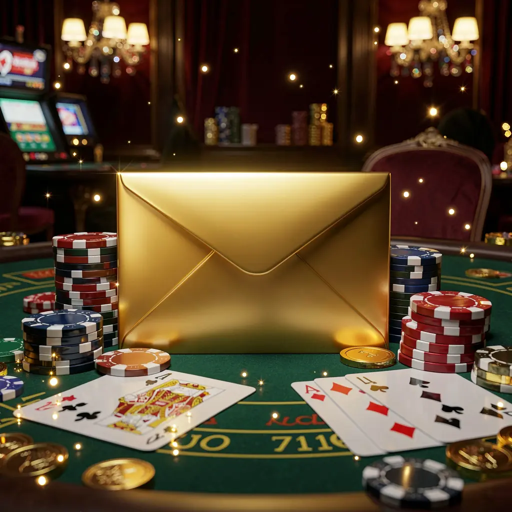 Adegan promosi kasino eksklusif HKI8 menampilkan amplop emas yang dikelilingi chip poker, koin, dan kartu permainan dengan latar belakang gelap mewah serta cahaya berkilau dalam render 3D sinematik