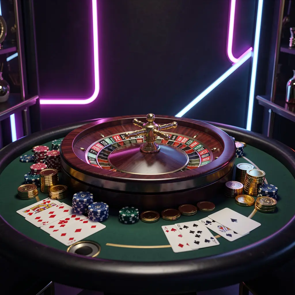 Meja kasino daring mewah dengan roda rolet, chip poker, kartu permainan, dan koin emas pada latar belakang gelap premium dengan cahaya neon, menampilkan banner utama beranda permainan bertanggung jawab HKI8